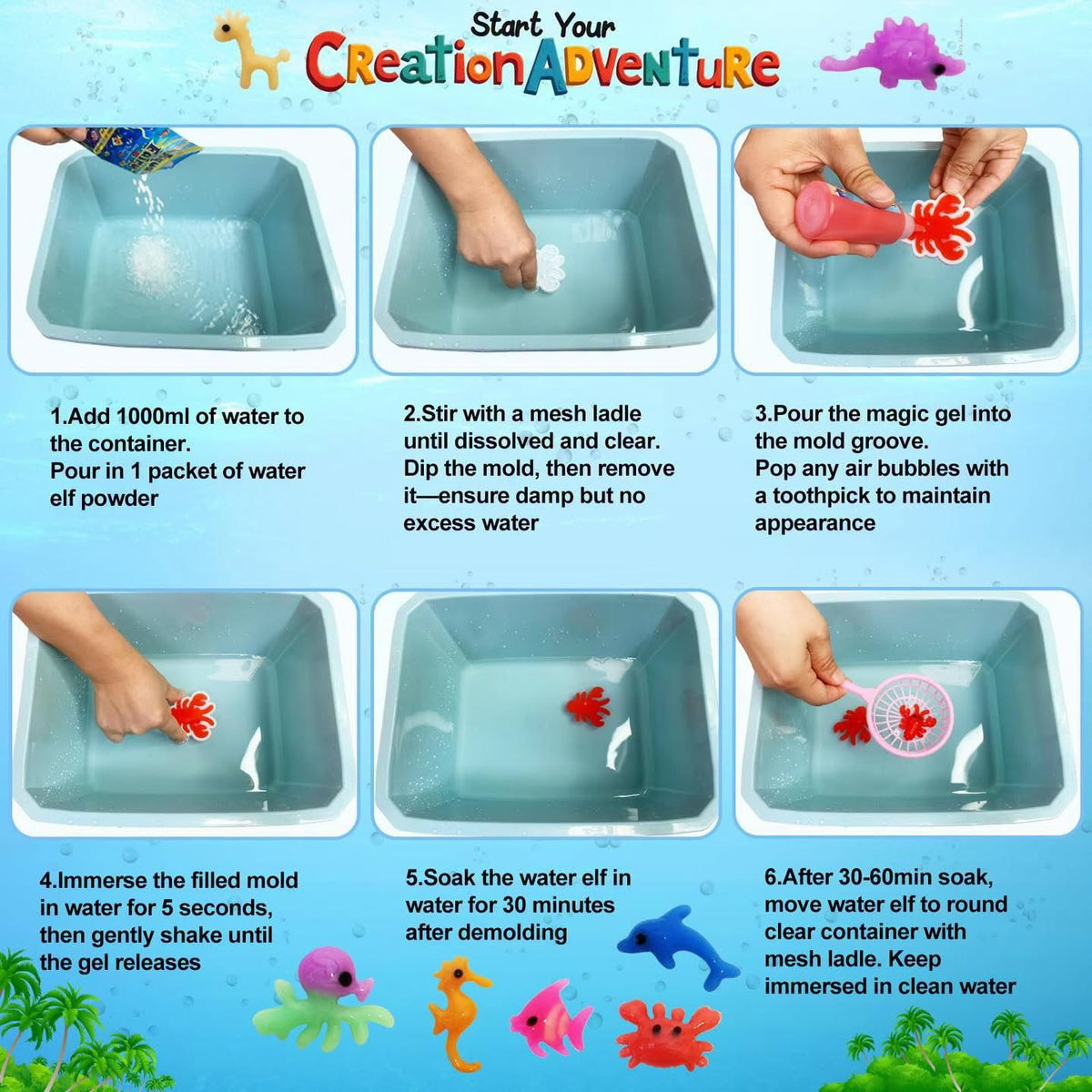Jueguete para desarrollar la creatividad Magic Water Elf kit con 12 geles, promueve el juego independiente
