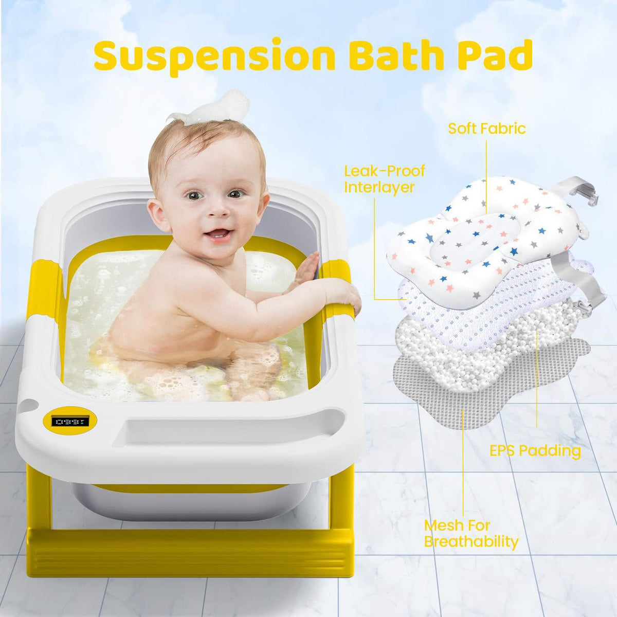 Bañera plegable para bebé con termómetro y cojin de soporte