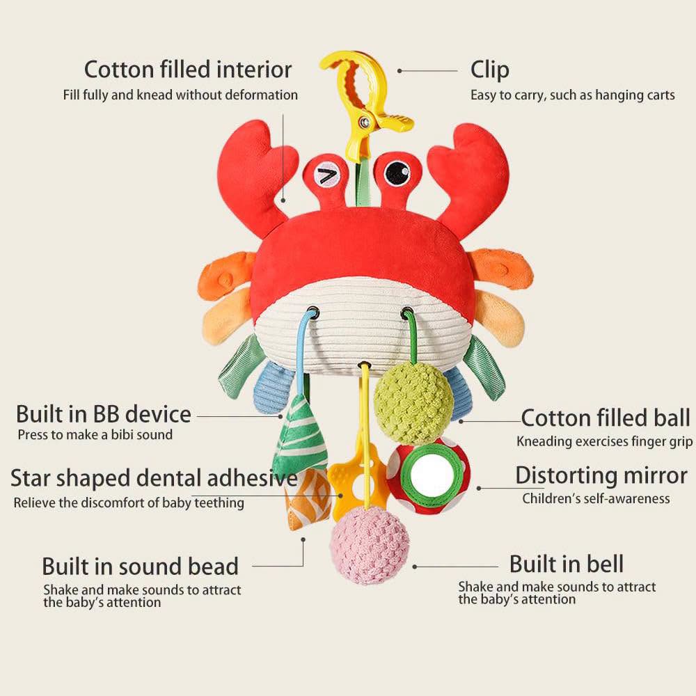 Cangrejo de peluche sensorial para colgar en portabebe, cuna o más