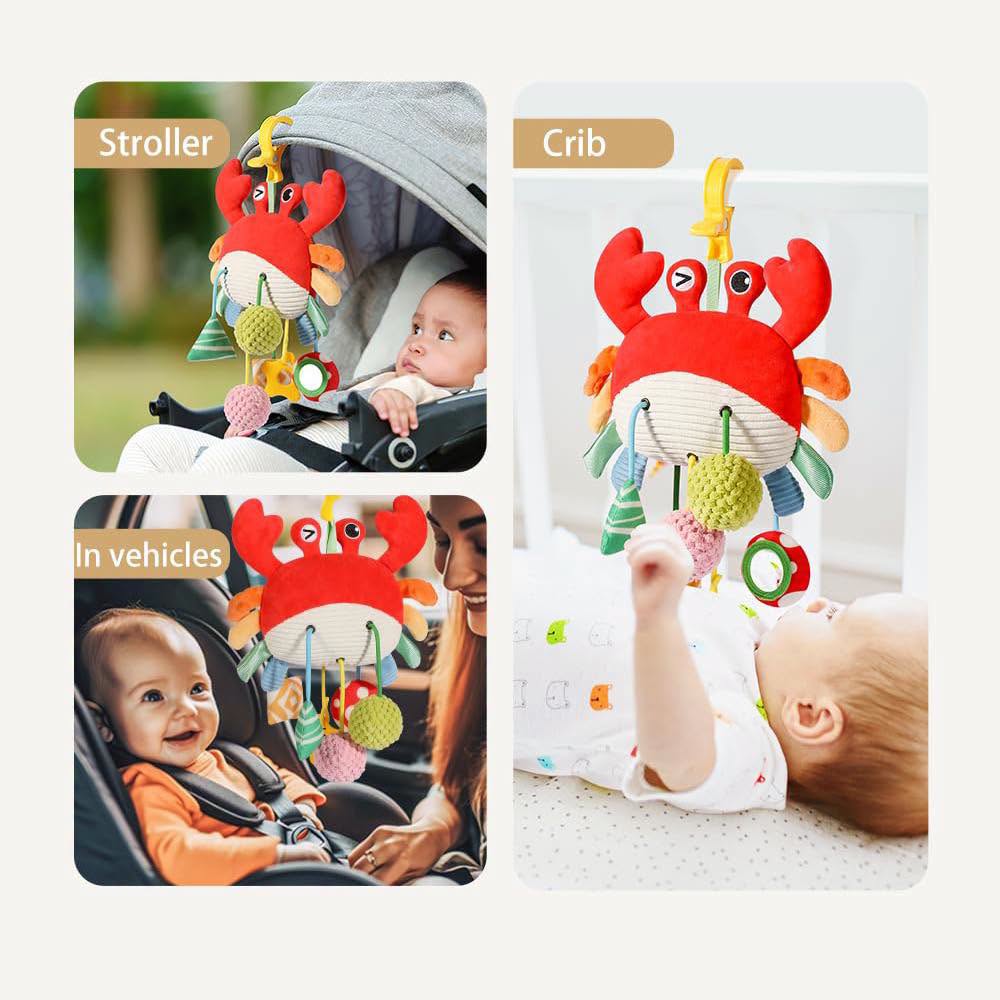 Cangrejo de peluche sensorial para colgar en portabebe, cuna o más