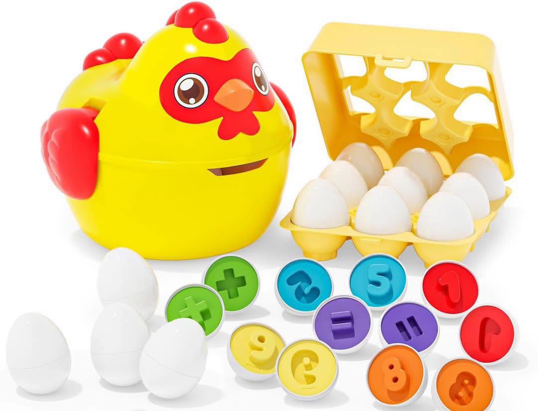 Gallina con 24 huevos para clasificar formas y figuras