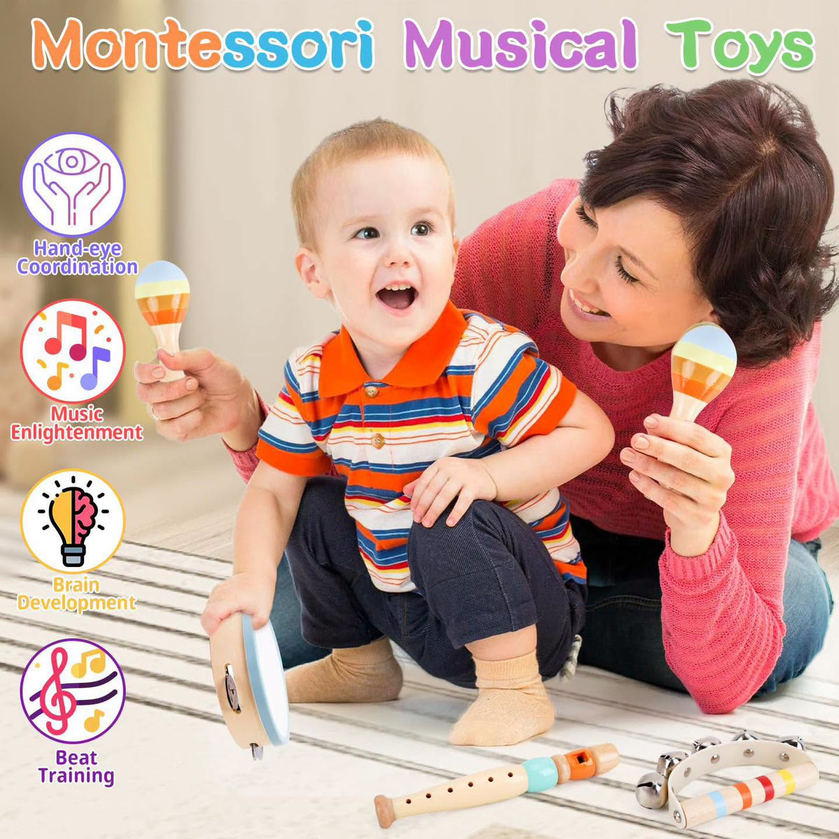 Set de instrumentos musicales de madera estilo Montessori 12 piezas