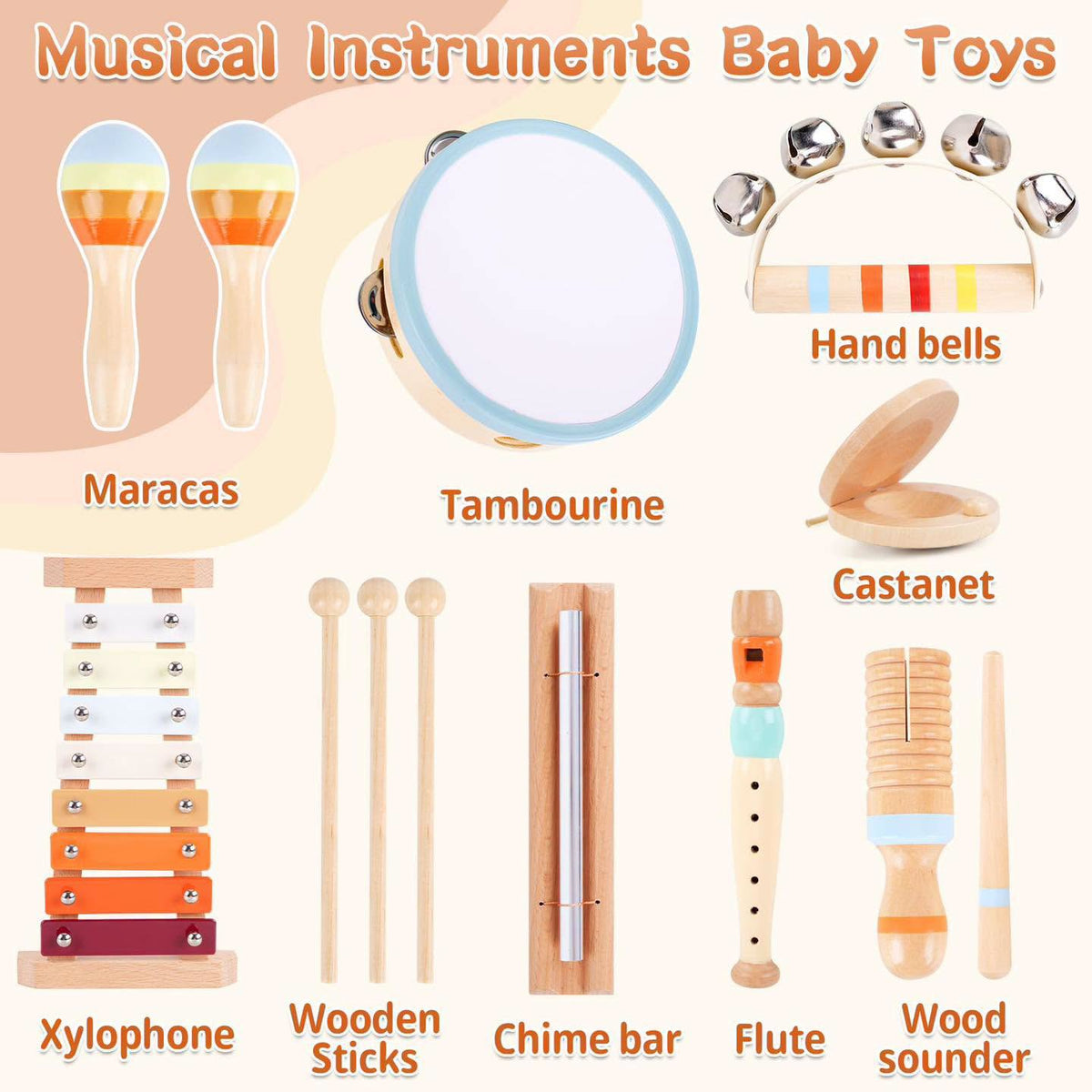 Set de instrumentos musicales de madera estilo Montessori 12 piezas