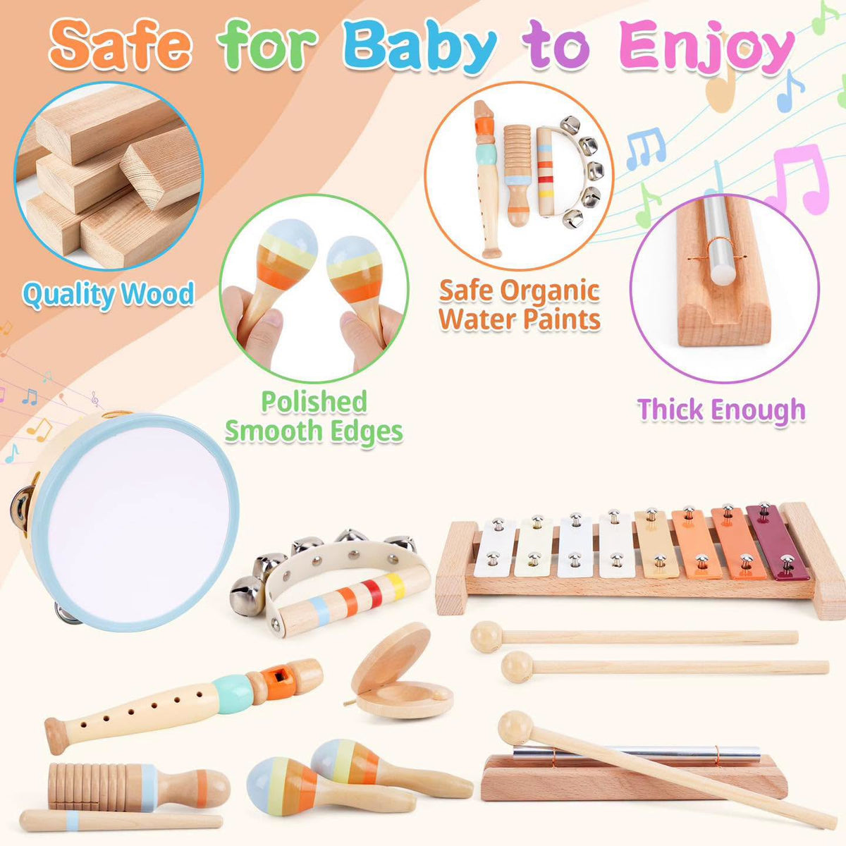 Set de instrumentos musicales de madera estilo Montessori 12 piezas