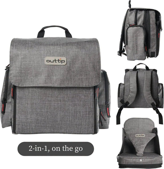 Mochila Pañalera ligera + asiento tipo booster ideal para llevar todo al salir de casa