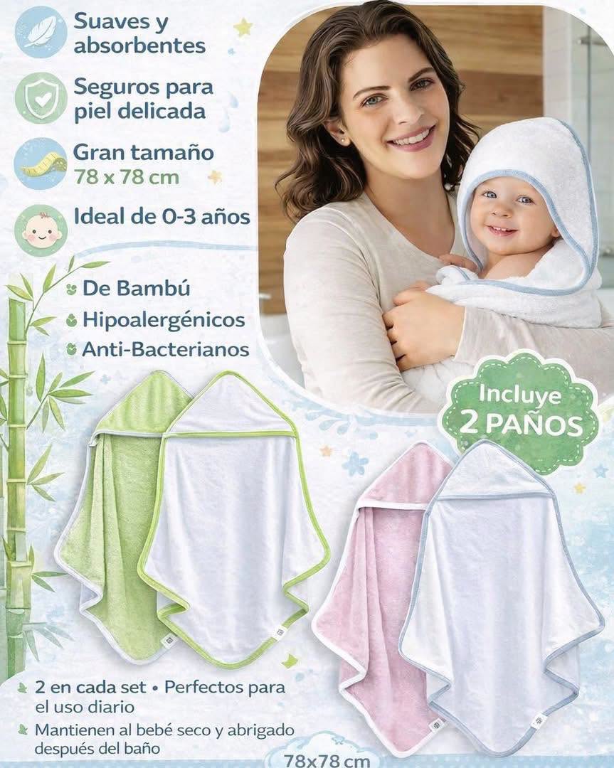 Set de 2 paños extra suaves de bambú hipoalergenicos con capucha