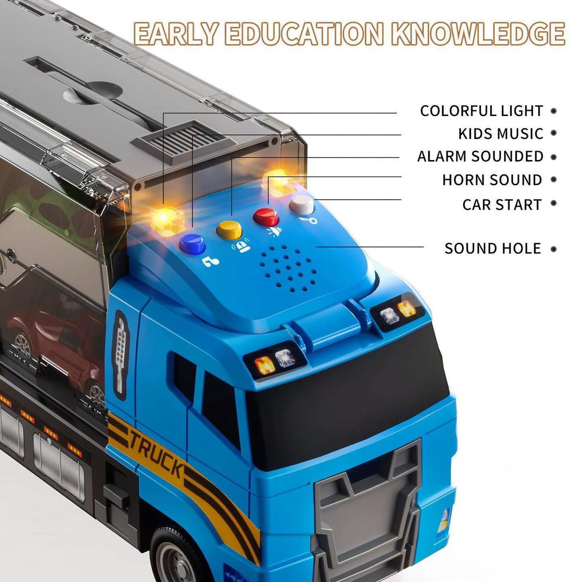 Camión de transporte con 6 carritos de colores