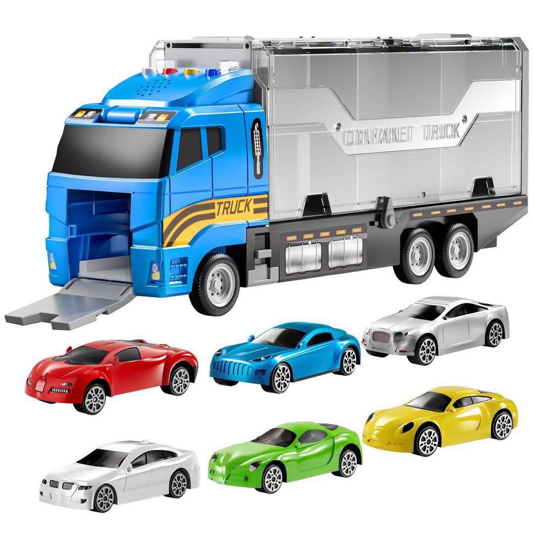 Camión de transporte con 6 carritos de colores