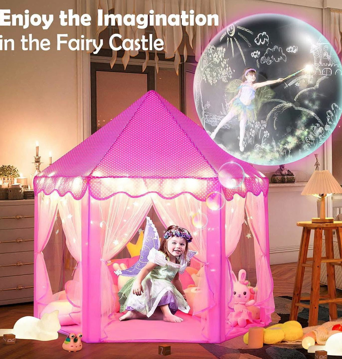 Tienda de campaña estilo princesa con luces